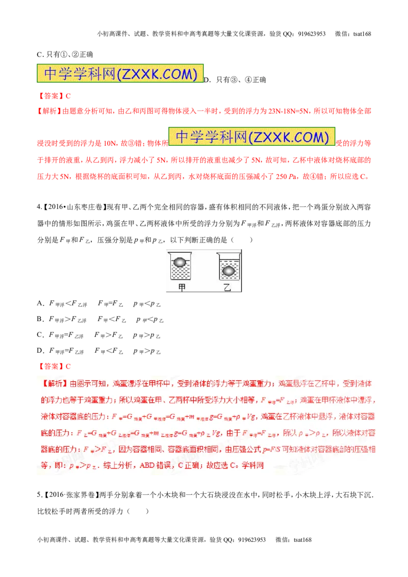 专题8.2阿基米德原理浮力的应用（测试）-2017年中考物理一轮复习讲练测课课通（解析版）_初物_1初中物理_物理：2017年中考物理一轮复习讲练测课课通全套打包115份