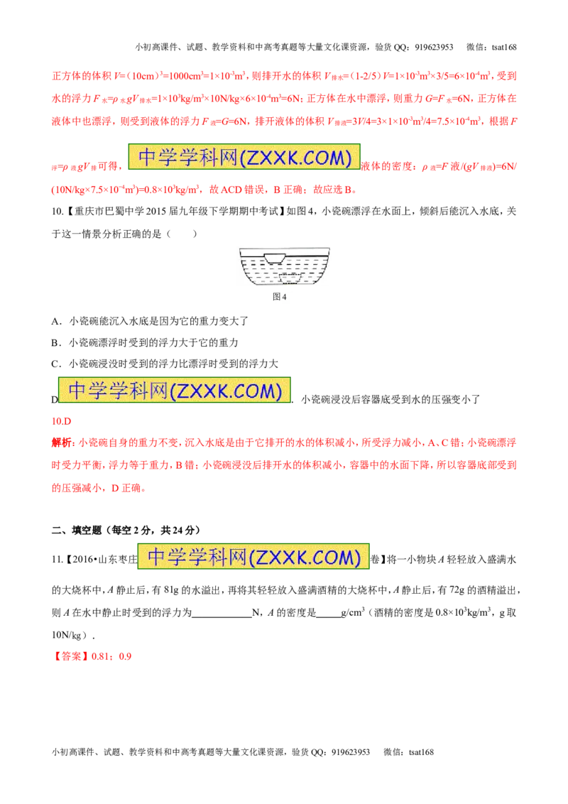 专题8.2阿基米德原理浮力的应用（测试）-2017年中考物理一轮复习讲练测课课通（解析版）_初物_1初中物理_物理：2017年中考物理一轮复习讲练测课课通全套打包115份