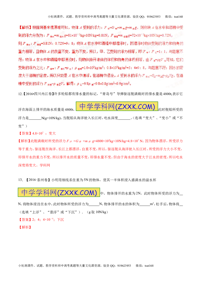 专题8.2阿基米德原理浮力的应用（测试）-2017年中考物理一轮复习讲练测课课通（解析版）_初物_1初中物理_物理：2017年中考物理一轮复习讲练测课课通全套打包115份