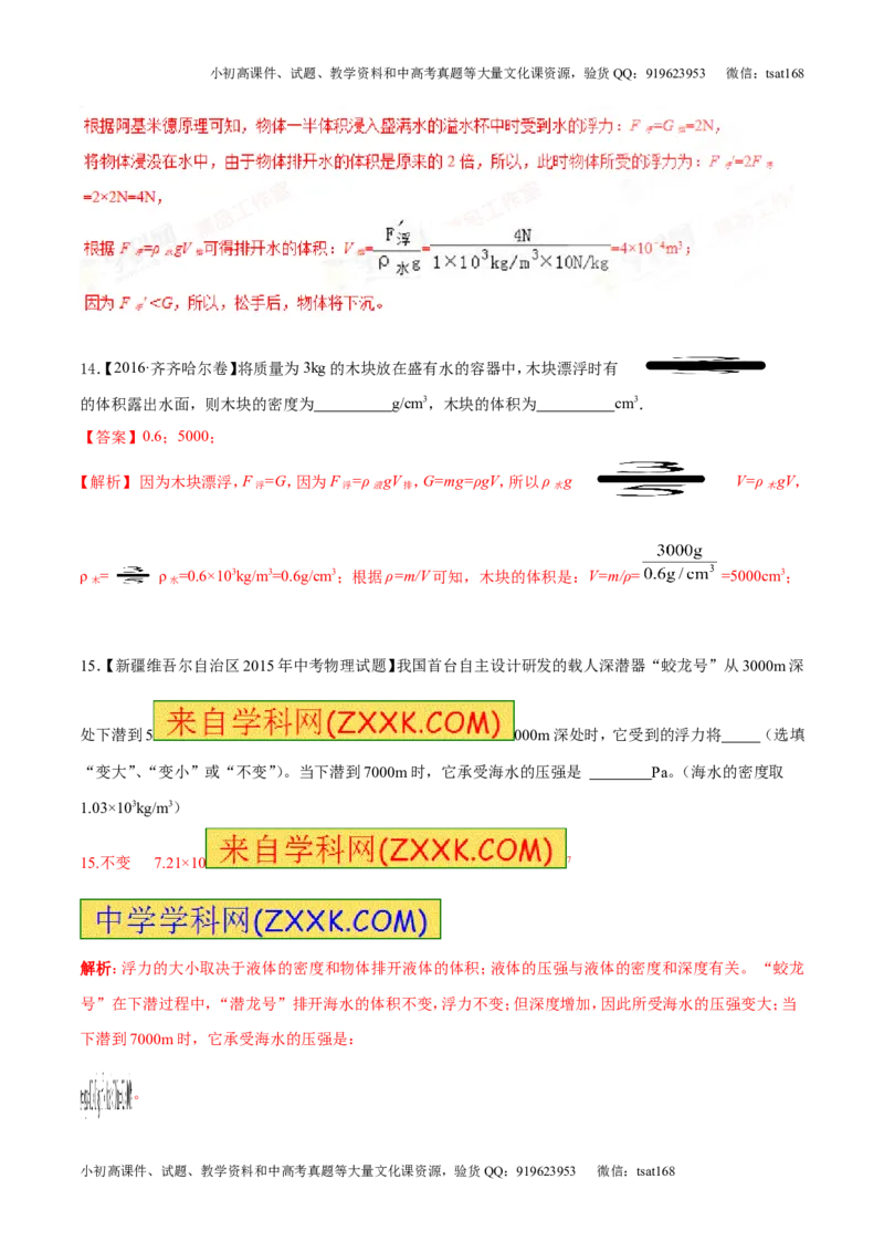 专题8.2阿基米德原理浮力的应用（测试）-2017年中考物理一轮复习讲练测课课通（解析版）_初物_1初中物理_物理：2017年中考物理一轮复习讲练测课课通全套打包115份