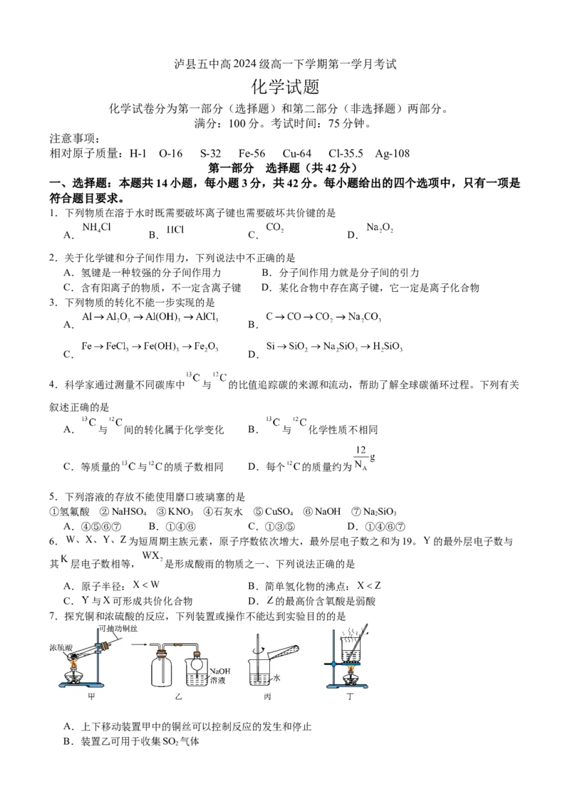 2025年春期泸县五中高2024级第一学月考试化学试题_2025年04月试卷_0408四川省泸州市泸县第五中学2024-2025学年高一下学期3月月考