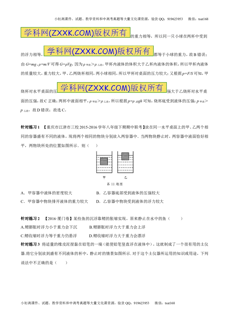 专题8.2阿基米德原理浮力的应用（讲练）-2017年中考物理一轮复习讲练测课课通（原卷版）_初物_1初中物理_物理：2017年中考物理一轮复习讲练测课课通全套打包115份