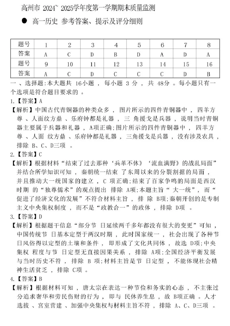 24－25上高一历史期末评分细则(1)_2025年03月试卷_0304广东省茂名市高州市2024-2025学年高一上学期1月期末考试_广东省茂名市高州市2024-2025学年高一上学期1月期末考试历史PDF版含答案