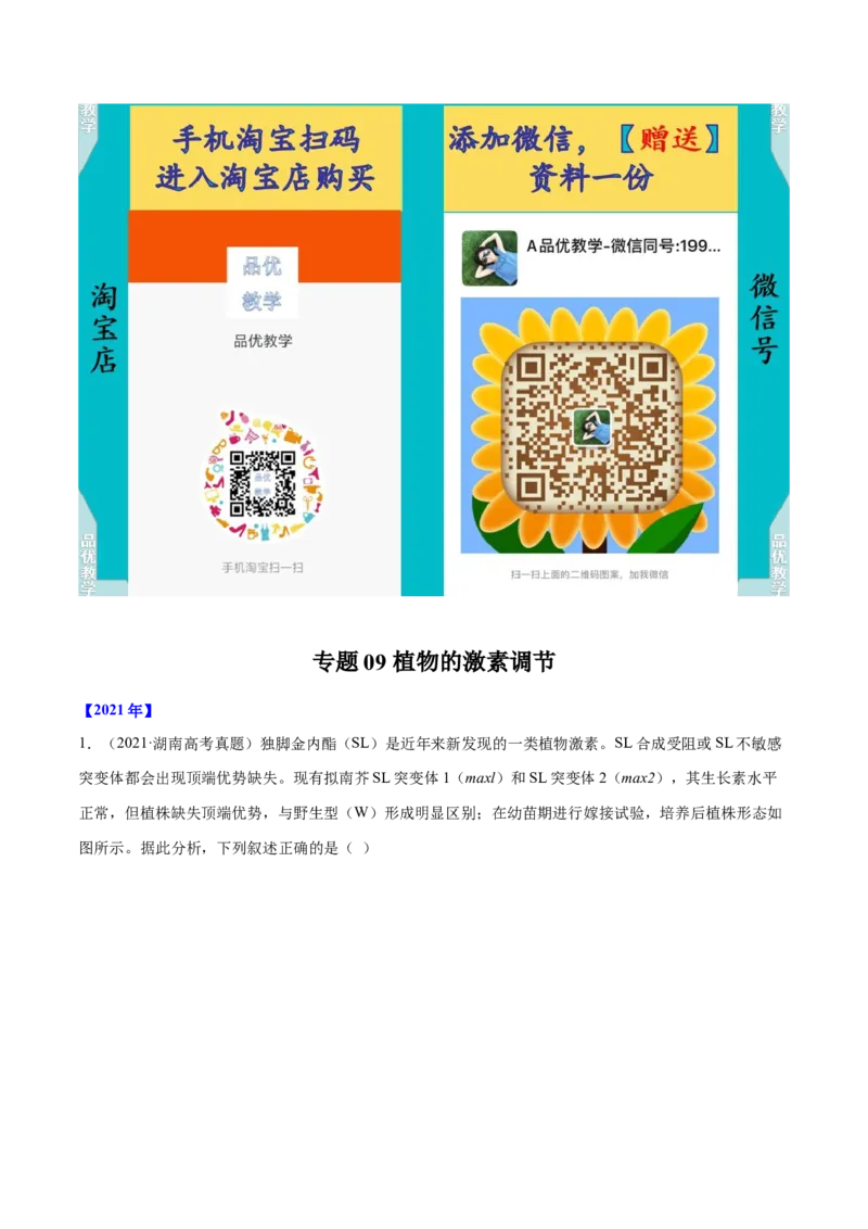 专题09植物的激素调节-十年（2012-2021）高考生物真题分项汇编（全国通用）（解析版）_高考真题分类汇编(2012-2022)生物_高考真题分项汇编(2012-2021)生物