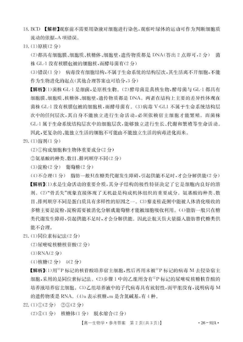 92A生物学参考答案_2025年12月高一试卷_251205河北省邢台市质检联盟2025-2026学年高一上学期11月期中_河北省邢台市质检联盟2025-2026学年高一上学期11月期中生物试题（图片版，含解析）