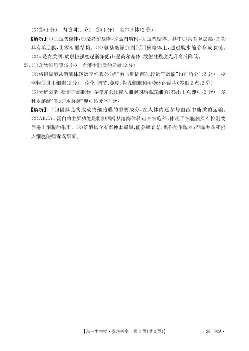 92A生物学参考答案_2025年12月高一试卷_251205河北省邢台市质检联盟2025-2026学年高一上学期11月期中_河北省邢台市质检联盟2025-2026学年高一上学期11月期中生物试题（图片版，含解析）