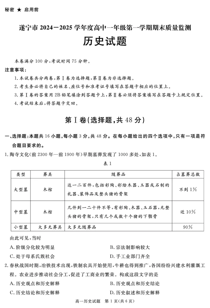 SN2027届地区期末历史_2025年01月试卷_0119四川省遂宁市2024-2025学年高一上学期期末_四川省遂宁市2024-2025学年高一上学期期末历史试题PDF版含解析