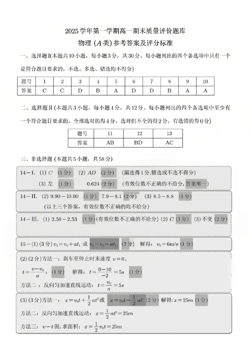 A类高一物理-期末质量评价题库参考答案和评分细则_2026年02月高一试卷_260208浙江省温州市2025-2026学年高一上学期期末（A卷+B卷）（全）