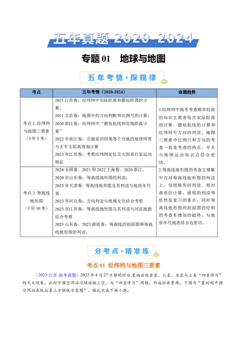 专题01地球与地图-好题汇编五年（2020-2024）高考地理真题分类汇编（原卷版）_2025年新高考资料_二轮复习_01高考语文等多个文件_2025年高三地理高考二轮复习专项提升_真题演练
