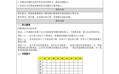 4.9乘法单元复习整理教学设计_小学数学人教版单独教案（1-6上下册）_《智慧教育教案》1-6上下册（25秋）_1-6下册_3年级下册（教案）新插图_第4单元两位数乘两位数