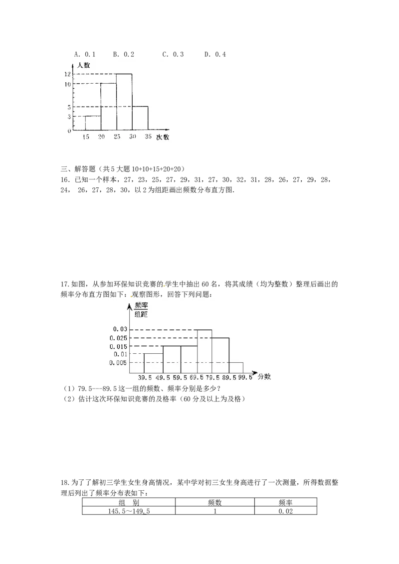 10.2　直方图　　检测题3_初中全科电子版试卷练习试题_数学_7下初中人教版数学练习、试卷_人教数学七年级下课时练习（148份）_同步练习（第3套含答案）（共59份）