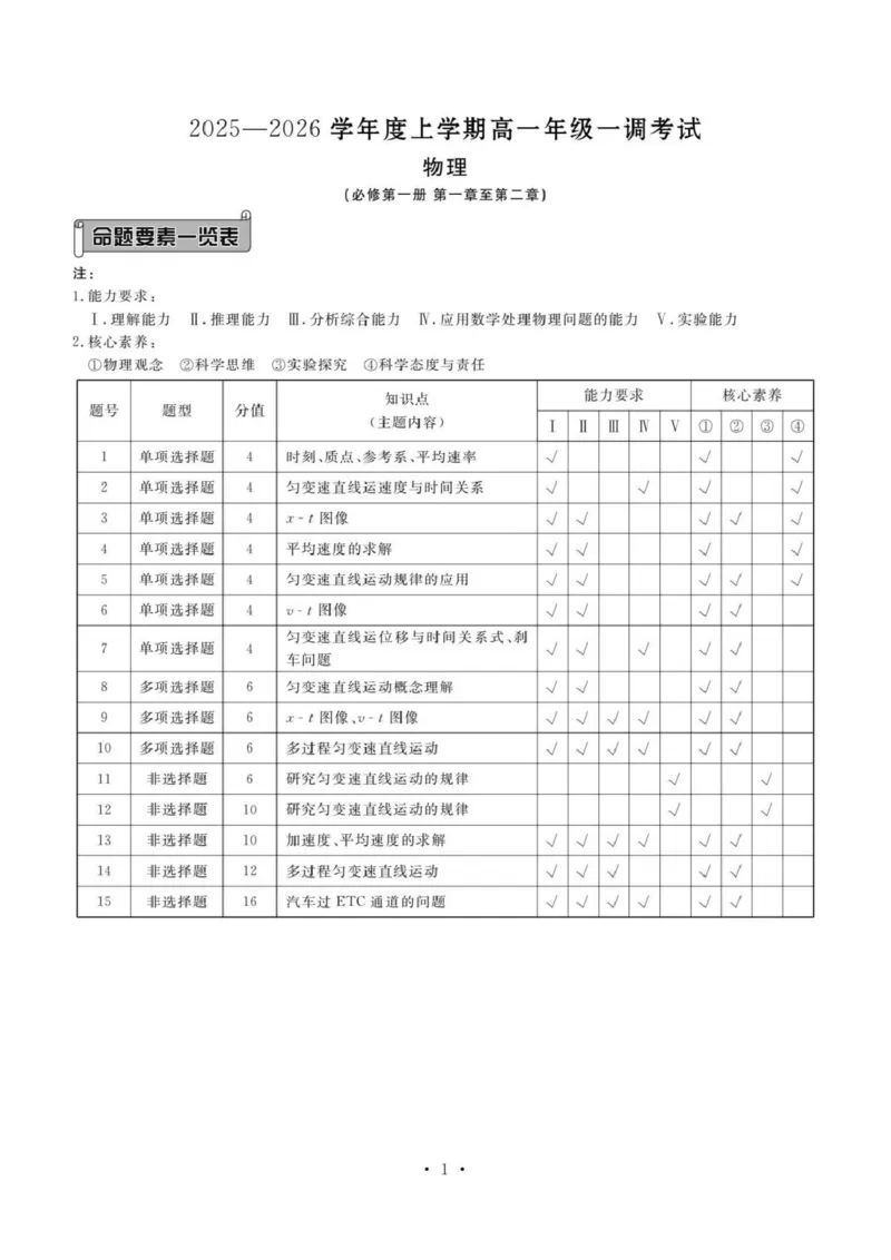 云南省多校2025-2026学年高一上学期一调考试物理试卷（图片版，含解析）_2025年11月高一试卷_251109云南省多校2025-2026学年高一上学期10月月考