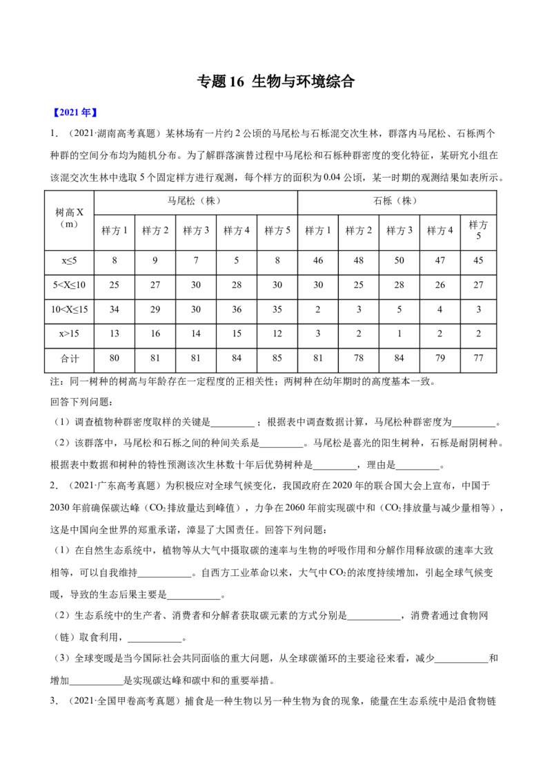 专题16生物与环境综合-十年（2012-2021）高考生物真题分项汇编（全国通用）（原卷版）_高考真题分类汇编(2012-2022)生物_高考真题分项汇编(2012-2021)生物