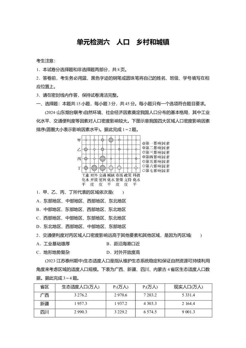 2025届高中地理一轮复习：单元检测六　人口　乡村和城镇（含解析）_2025年新高考资料_一轮复习_2025届高中地理一轮复习单元+模块+综合检测（含解析）