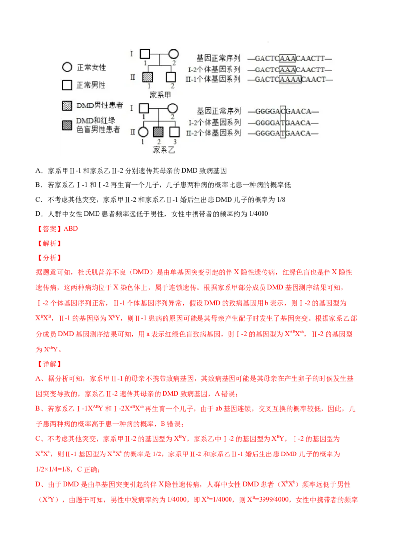 专题07伴性遗传和人类遗传病-三年（2020-2022）高考真题生物分项汇编（全国通用）（解析版）_高考真题分类汇编(2012-2022)生物_高考真题分项汇编(2020-2022)生物
