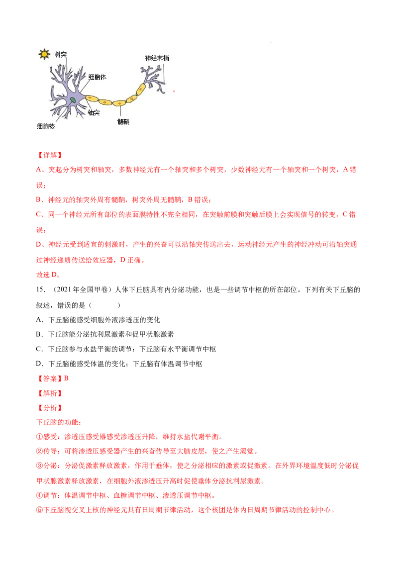 专题09动物生命活动的调节-三年（2020-2022）高考真题生物分项汇编（全国通用）（解析版）_高考真题分类汇编(2012-2022)生物_高考真题分项汇编(2020-2022)生物