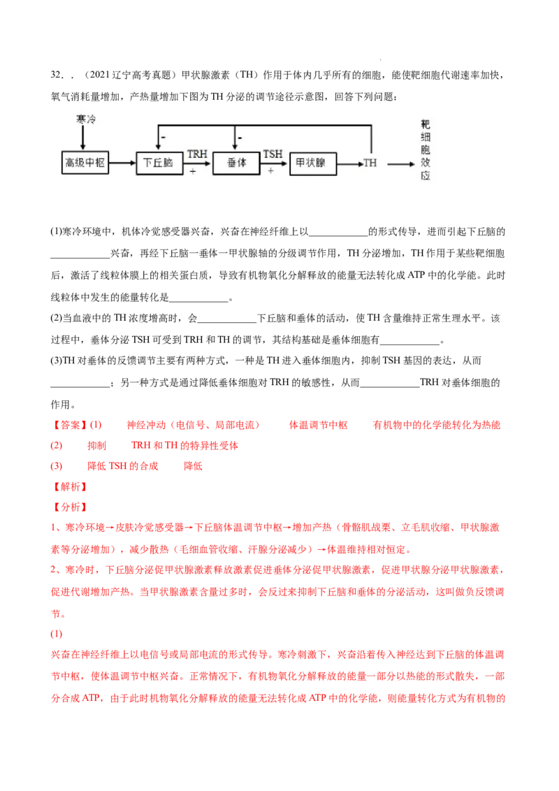 专题09动物生命活动的调节-三年（2020-2022）高考真题生物分项汇编（全国通用）（解析版）_高考真题分类汇编(2012-2022)生物_高考真题分项汇编(2020-2022)生物