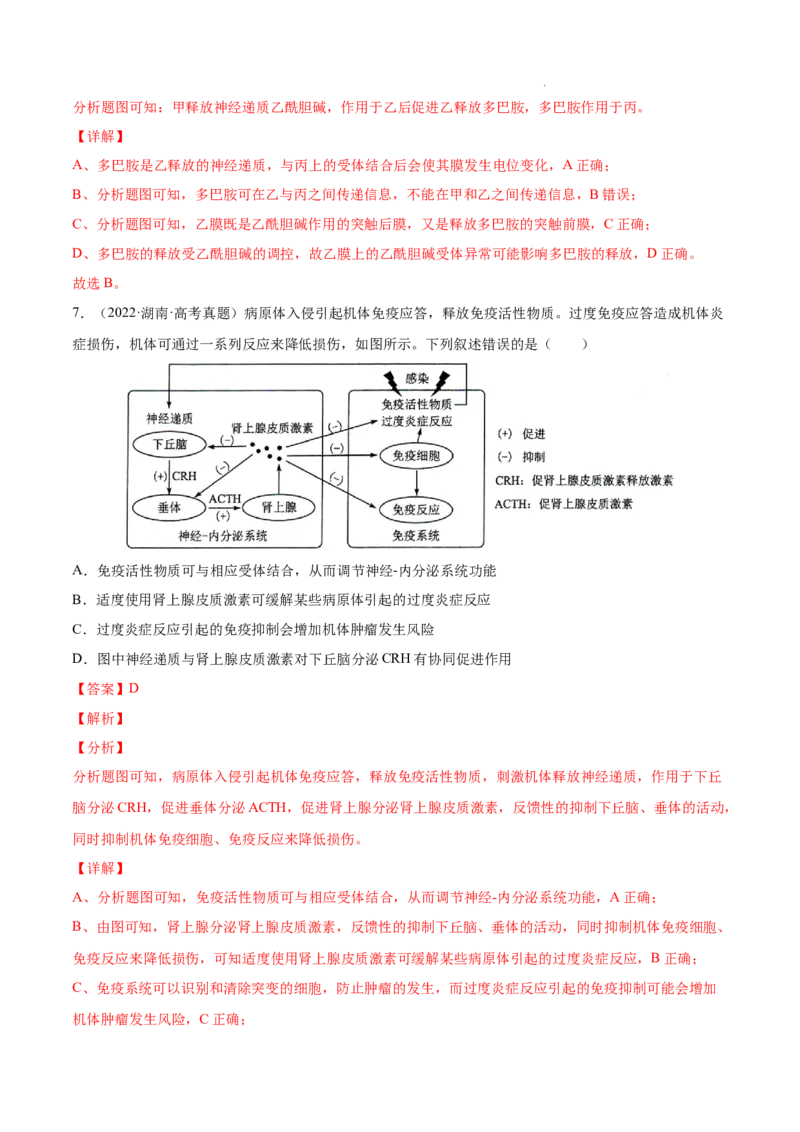 专题09动物生命活动的调节-三年（2020-2022）高考真题生物分项汇编（全国通用）（解析版）_高考真题分类汇编(2012-2022)生物_高考真题分项汇编(2020-2022)生物