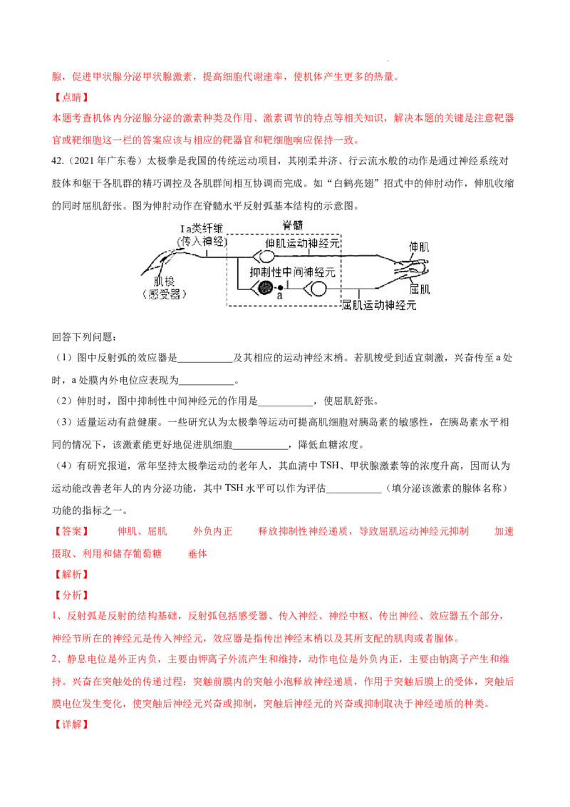 专题09动物生命活动的调节-三年（2020-2022）高考真题生物分项汇编（全国通用）（解析版）_高考真题分类汇编(2012-2022)生物_高考真题分项汇编(2020-2022)生物