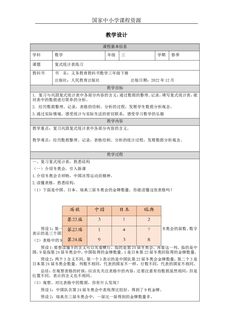 3.2复式统计表练习教学设计_小学数学人教版单独教案（1-6上下册）_《智慧教育教案》1-6上下册（25秋）_1-6下册_3年级下册（教案）新插图_第3单元复式统计表
