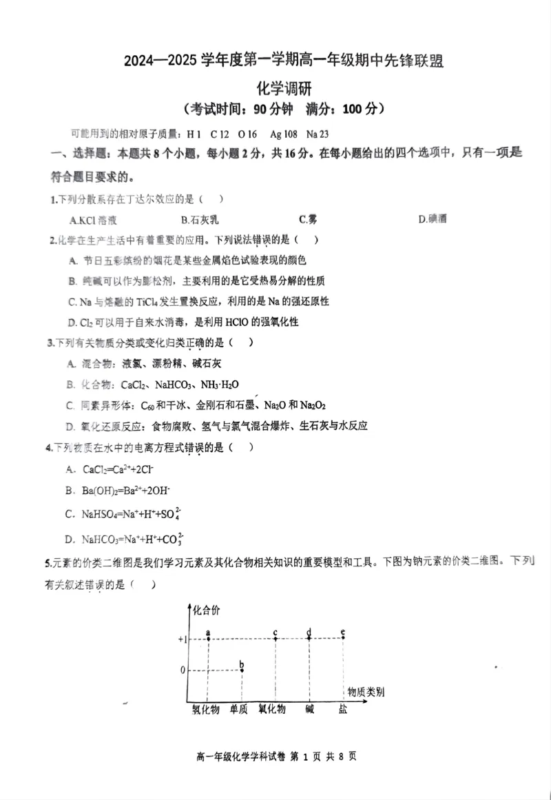 化学_2024年11月试卷_1125海南省先锋联盟2024-2025学年高一上学期11月期中考试_海南省先锋联盟2024-2025学年高一上学期11月期中考试化学试题含答案