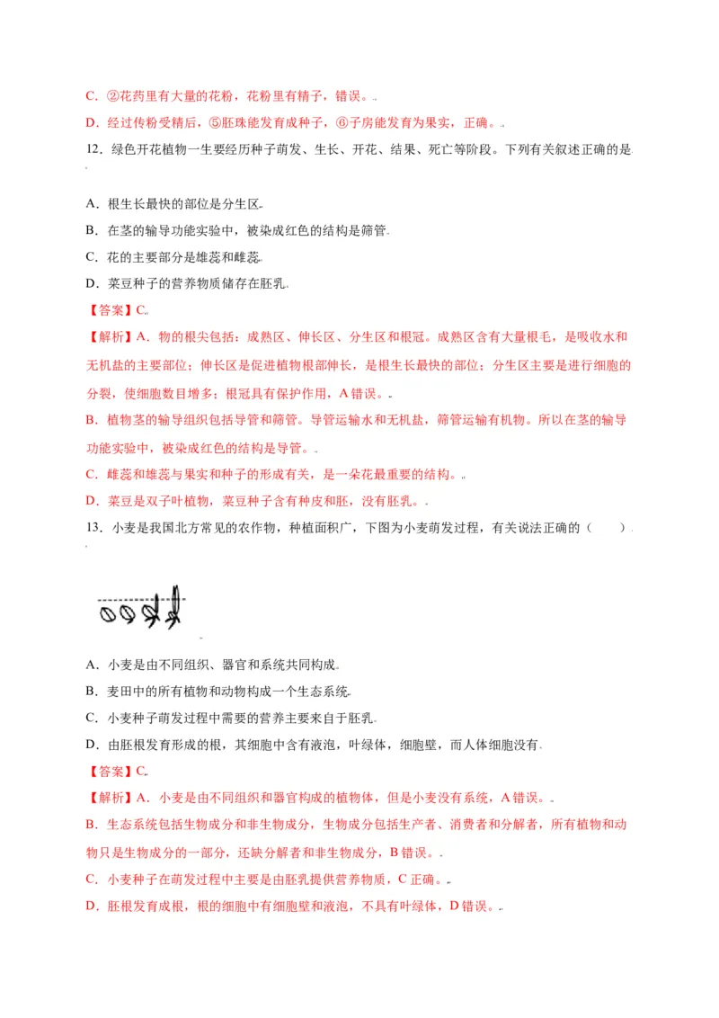 第3单元（第2章）被子植物的一生（选拔卷）（人教版）（解析版）_初中全科电子版试卷练习试题_生物_生物人教版7上练习&mdash;24新版已更新_人教生物7年级上单元试卷36份