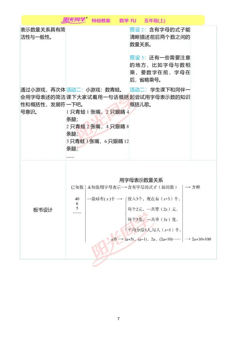 二、教学案例_小学数学人教版单独教案（1-6上下册）_《阳光同学教案》1-6上册（25秋）_阳光同学特级教案数学人教5年级上册_第五单元简易方程
