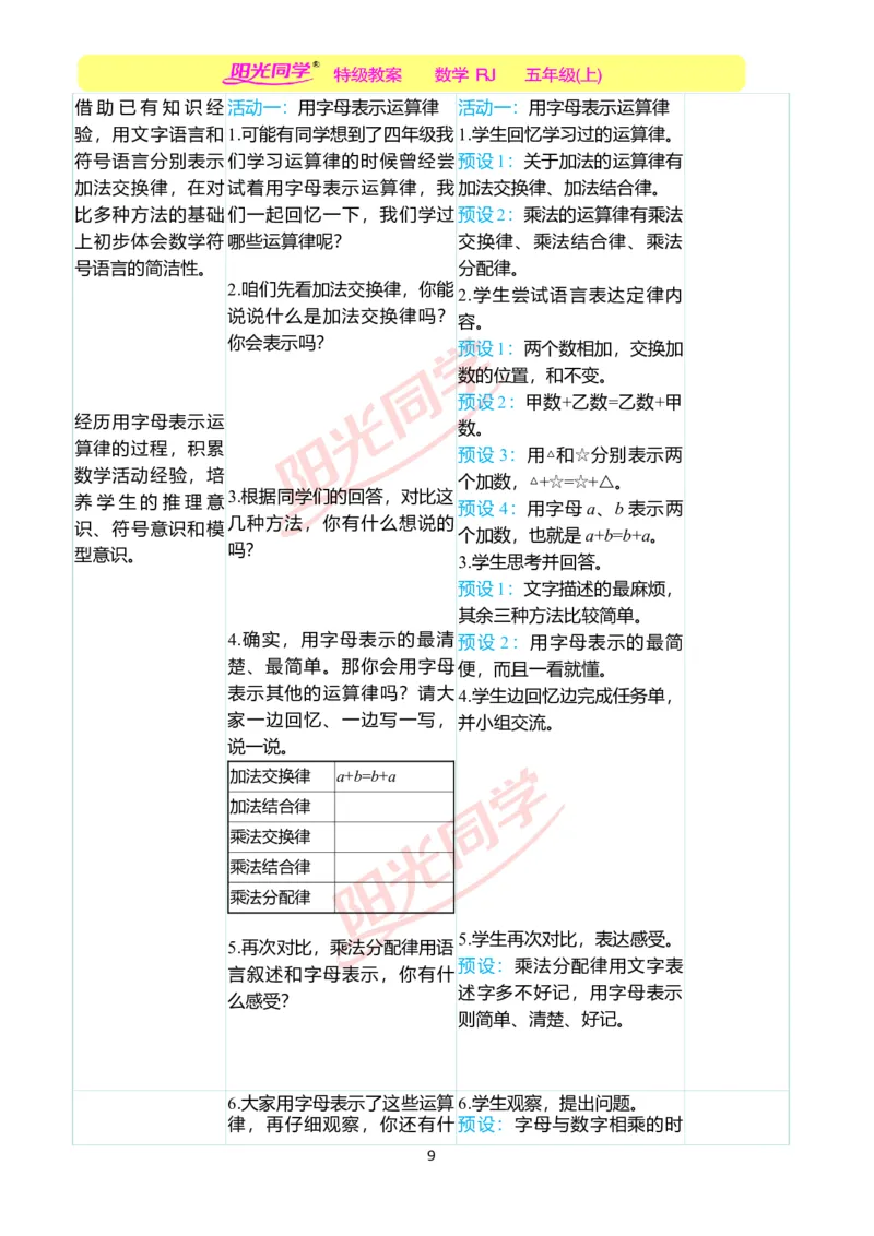 二、教学案例_小学数学人教版单独教案（1-6上下册）_《阳光同学教案》1-6上册（25秋）_阳光同学特级教案数学人教5年级上册_第五单元简易方程