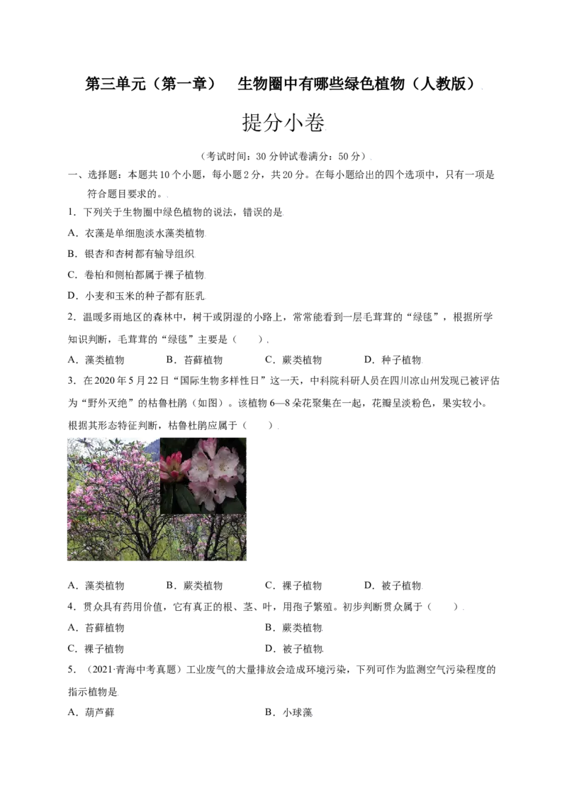 第3单元（第1章）生物圈中有哪些绿色植物（提分小卷）（人教版）（原卷版）_初中全科电子版试卷练习试题_生物_生物人教版7上练习&mdash;24新版已更新
