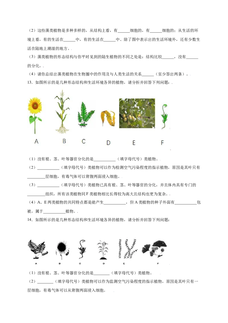 第3单元（第1章）生物圈中有哪些绿色植物（提分小卷）（人教版）（原卷版）_初中全科电子版试卷练习试题_生物_生物人教版7上练习&mdash;24新版已更新