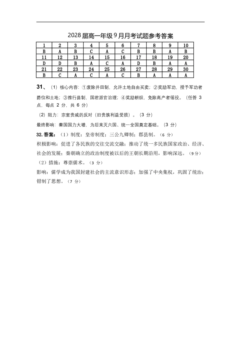 历史月考试题参考答案_2025年10月高一试卷_251008陕西省汉中市西乡县第一中学2025-2026学年高一上学期9月月考
