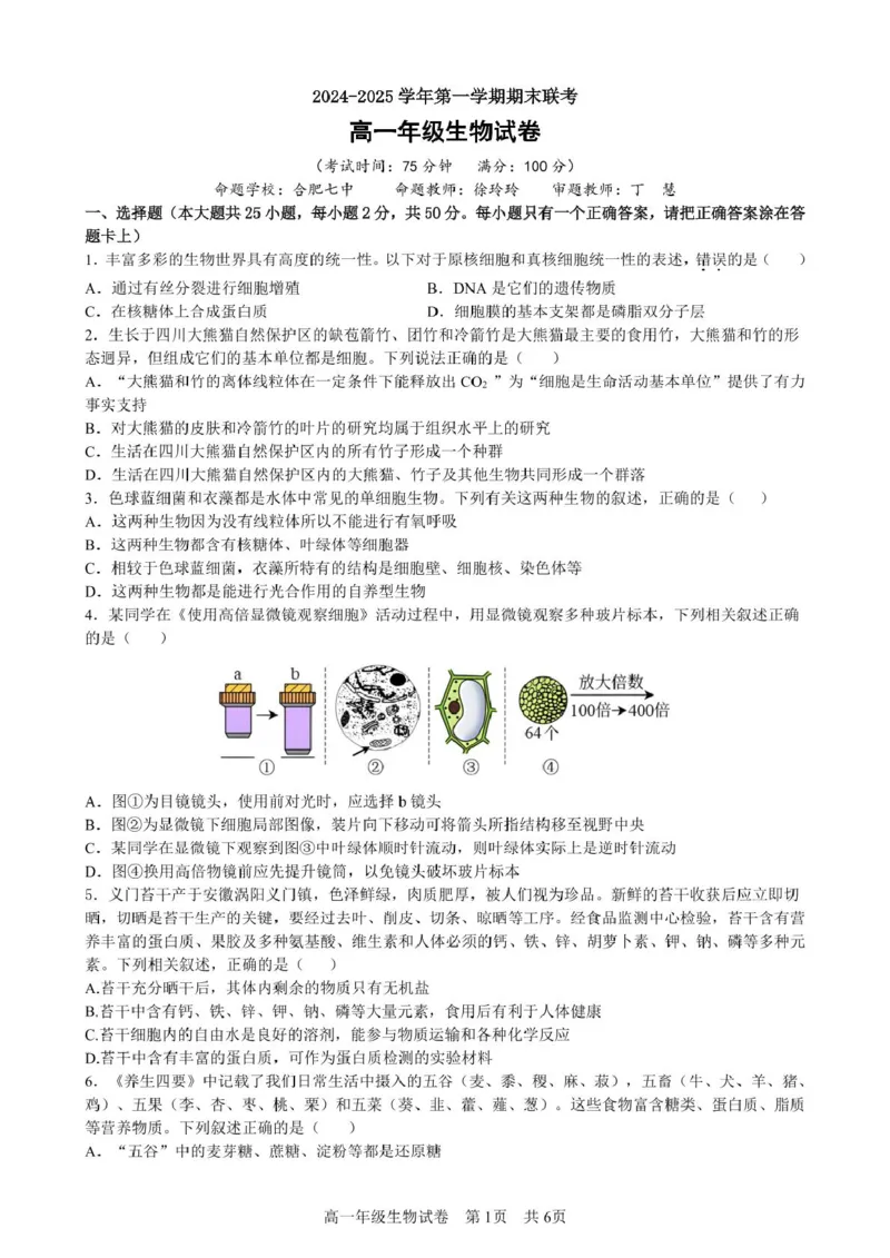 合肥六校联盟2024-2025学年第一学期期末联考高一年级生物生物试卷_2025年02月试卷_0224安徽省合肥市六校联盟2024-2025学年高一上学期1月期末考试