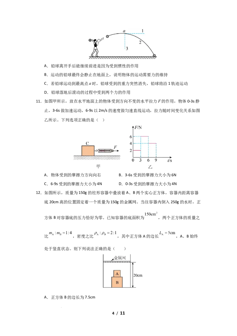 八年级下学期物理期末考试模拟测试01（原卷版）_8下-初中物理苏科版(4)_02习题试卷_期末试卷_期末考试模拟测试01-2024-2025学年八年级物理下学期期末考点大串讲（苏科版2024）