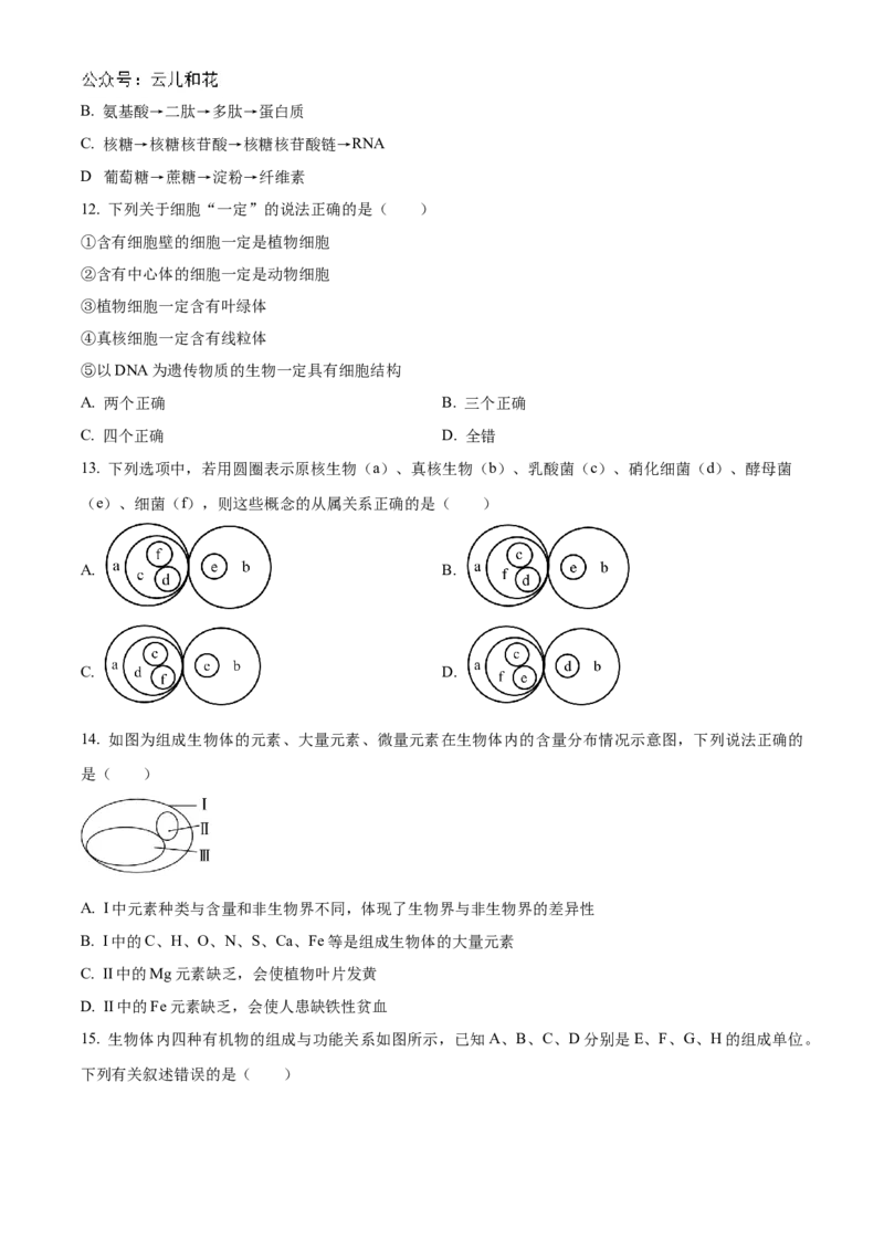 吉林省友好学校第78届期中联考2024-2025学年高一上学期期中考试生物试题Word版无答案_2024年11月试卷_1114吉林省友好学校2024-2025学年高一上学期10月期中联考