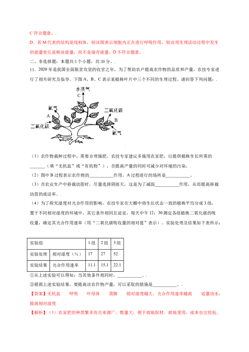第3单元（第5章）绿色植物与生物圈中的碳-氧平衡（提分小卷）（人教版）（解析版）_初中全科电子版试卷练习试题_生物_生物人教版7上练习&mdash;24新版已更新