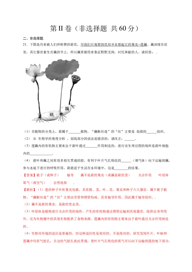 第3单元（第1章）生物圈中有哪些绿色植物（选拔卷）（人教版）（解析版）_初中全科电子版试卷练习试题_生物_生物人教版7上练习&mdash;24新版已更新_人教生物7年级上单元试卷36份