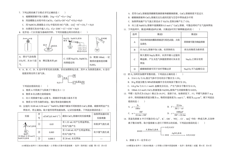 化学A10联盟＆宿州十三校2025级高一上学期11月期中质量检测化学（鲁科版）_2025年11月高一试卷_251124安徽省A10联盟＆宿州十三校2025级高一上学期11月期中质量检测（全）
