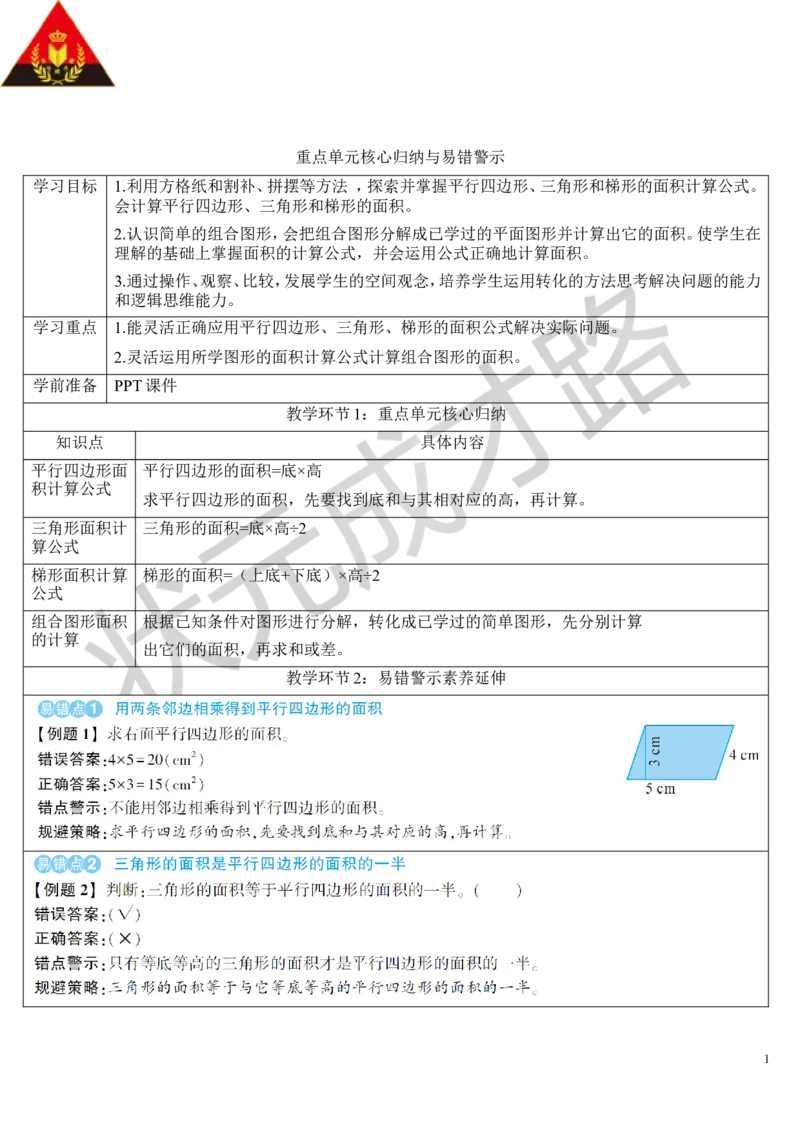 重点单元核心归纳与易错警示_1-6年级上册_数学5年级上册教学资源包_导学案新版_6多边形的面积