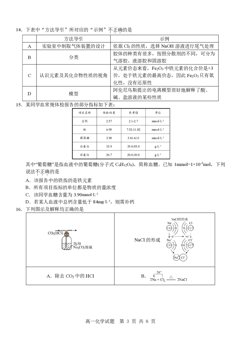 化学试卷_2025年12月高一试卷_251206浙江省杭州市地区(含周边)重点中学2025学年第一学期高一年级期中考试（全）