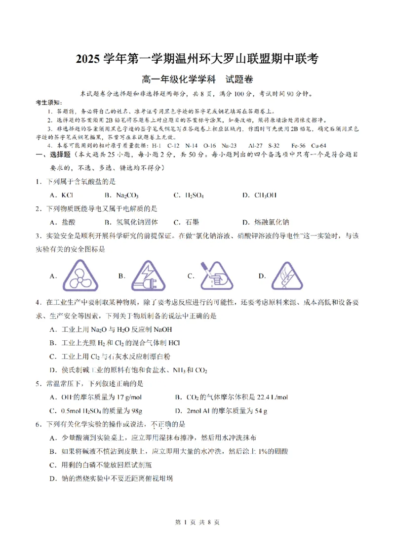 化学卷-2511高一环大罗山_2025年12月高一试卷_251210浙江省环大罗山联盟2025-2026学年高一上学期11月期中（全）