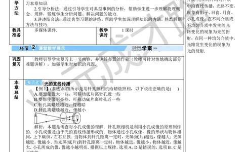 本章复习和总结_初物_八年级上下册+九年级全一册物理_八年级物理上册_全套教学资源_课件教案3_教案_第四章光现象