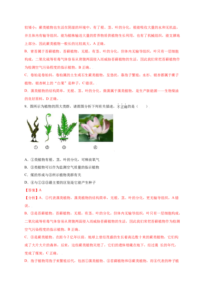 第3单元（第1章）生物圈中有哪些绿色植物（提分小卷）（人教版）（解析版）_初中全科电子版试卷练习试题_生物_生物人教版7上练习&mdash;24新版已更新