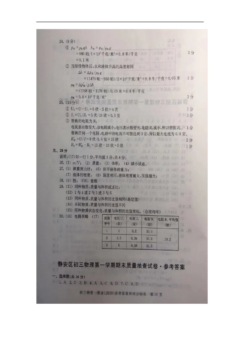 2019中考物理一模答案_0122026上海中考一模二模真题试卷_2025-2012年_4.上海中考物理一模二模（14-24）_一模_2019年上海市中考物理一模试卷（16份）_2019中考物理一模答案