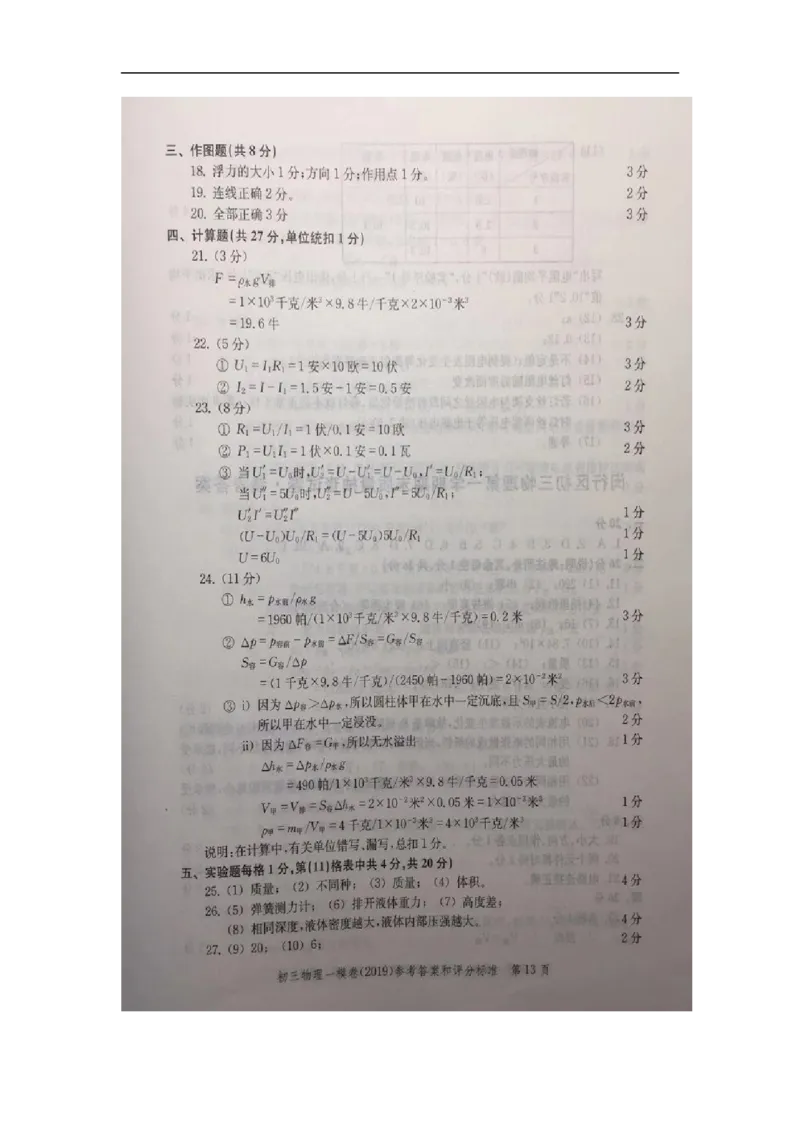 2019中考物理一模答案_0122026上海中考一模二模真题试卷_2025-2012年_4.上海中考物理一模二模（14-24）_一模_2019年上海市中考物理一模试卷（16份）_2019中考物理一模答案