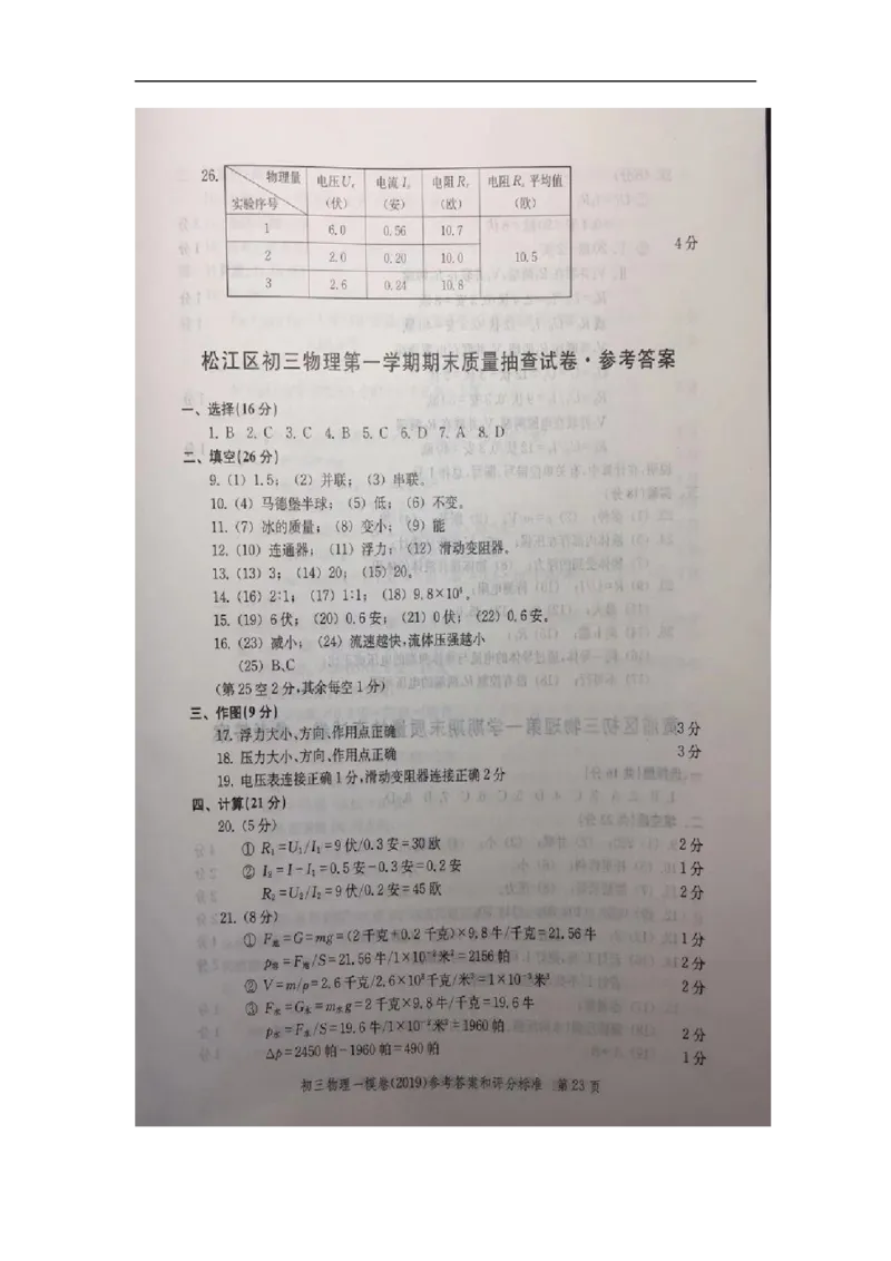 2019中考物理一模答案_0122026上海中考一模二模真题试卷_2025-2012年_4.上海中考物理一模二模（14-24）_一模_2019年上海市中考物理一模试卷（16份）_2019中考物理一模答案