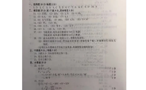 2019中考物理一模答案_0122026上海中考一模二模真题试卷_2025-2012年_4.上海中考物理一模二模（14-24）_一模_2019年上海市中考物理一模试卷（16份）_2019中考物理一模答案