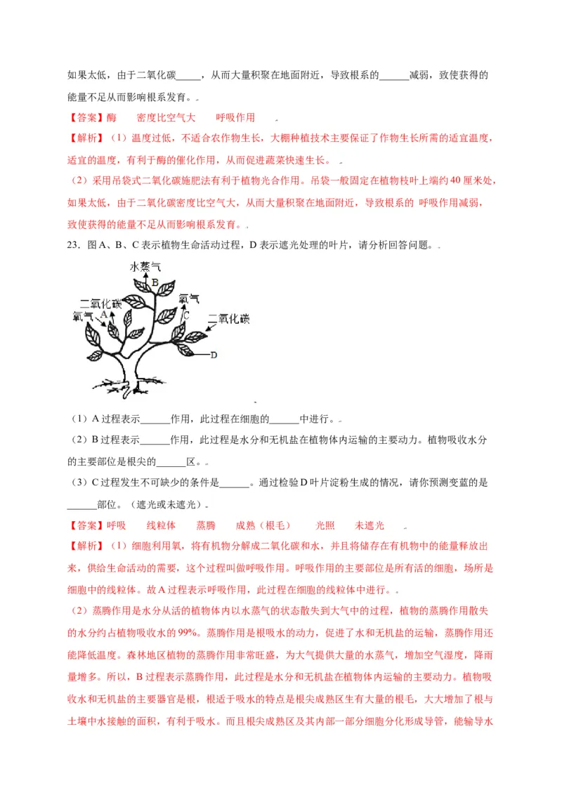 第3单元（第5章）绿色植物与生物圈中的碳-氧平衡（选拔卷）（人教版）（解析版）_初中全科电子版试卷练习试题_生物_生物人教版7上练习&mdash;24新版已更新