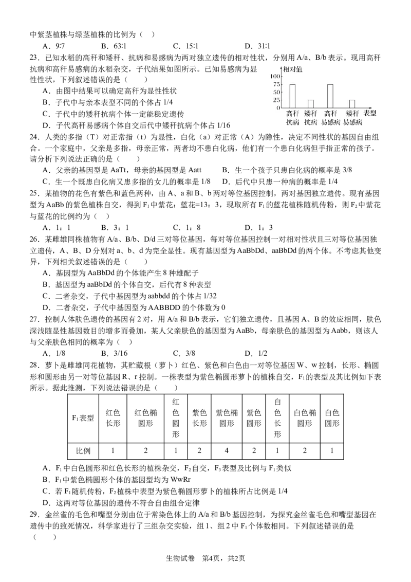 南充高中高2024级第二学期第一次月考生物2025.3.26_2025年04月试卷_0406四川省南充市高级中学2024-2025学年高一下学期4月考试题