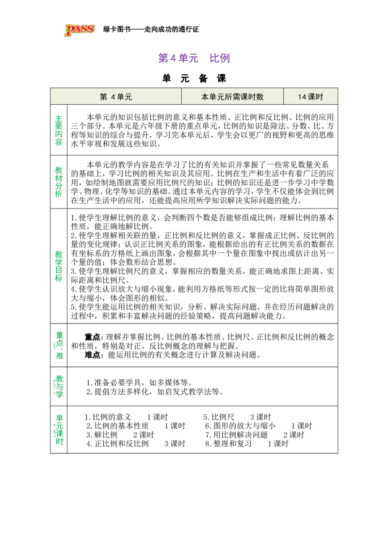 单元备课_小学数学人教版单独教案（1-6上下册）_《绿卡图书教案》1-6下册（26春）_6年级下册（26春）_4比例