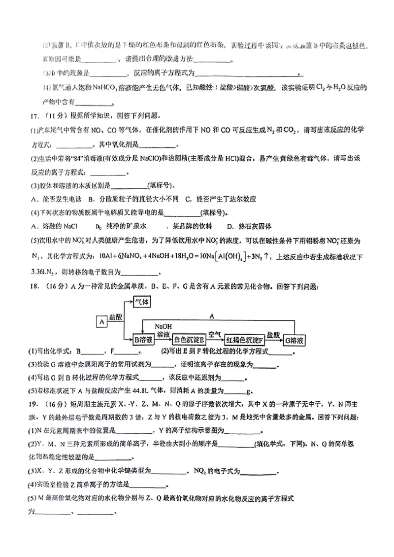 化学试卷(1)_2025年03月试卷_0316宁夏回族自治区石嘴山市第一中学2024-2025学年高一上学期1月期末考试